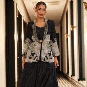 black indo western dress, indian dress with jacket, usa women, bollywood dress